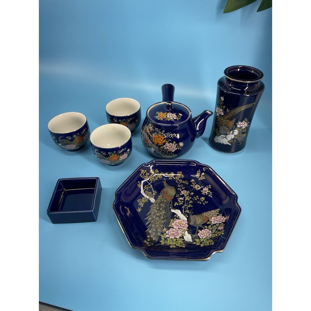 Rare Vintage Japan Cobalt Blue Tea Set Peacock Floral Design Complete Lot
